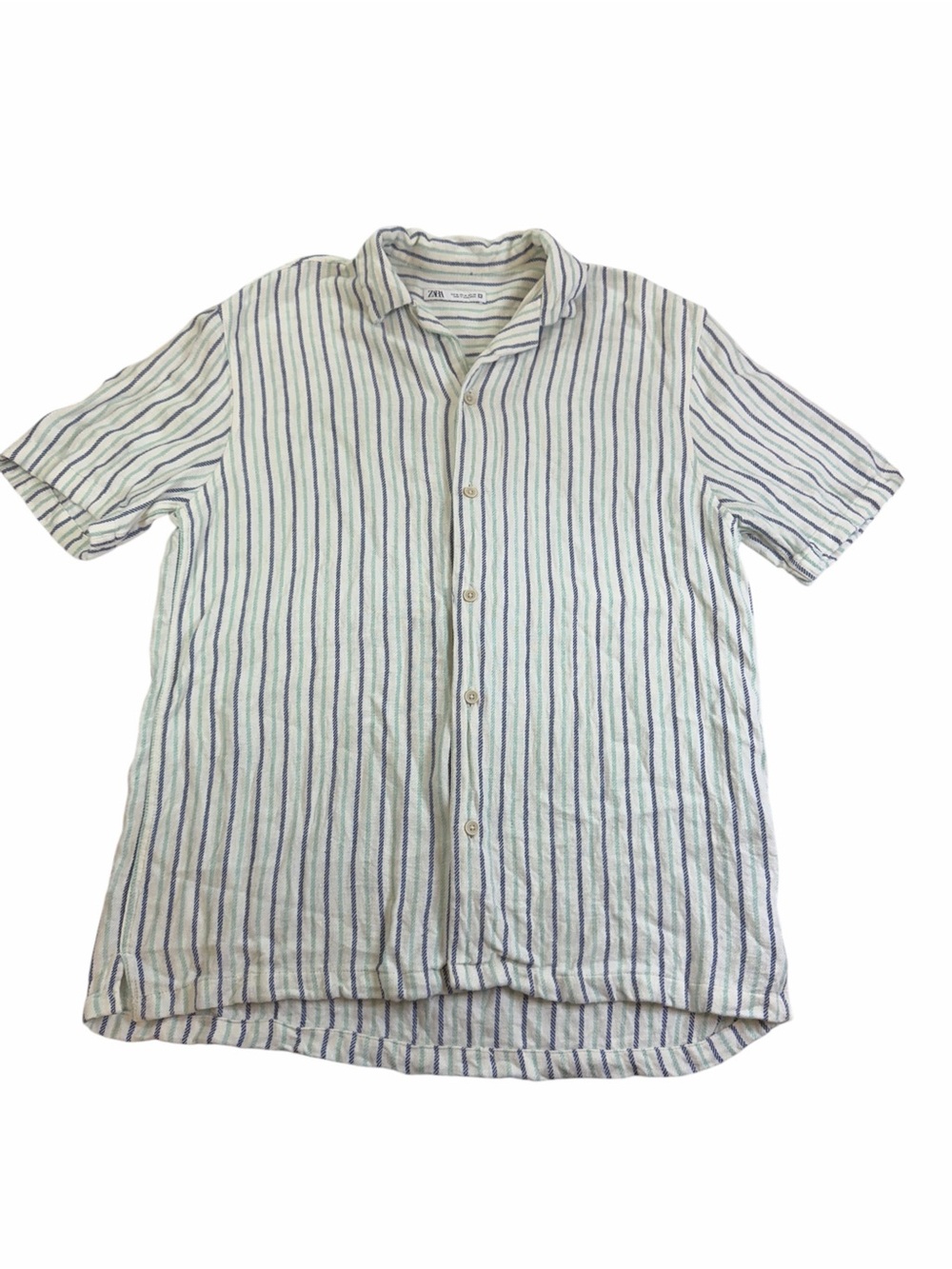 Zara Men Short-Sleeve Striped Linen Button-Up Shirt